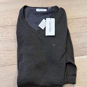 Calvin Klein Men's V-Neck Sweater in Charcoal Gray- merino wool